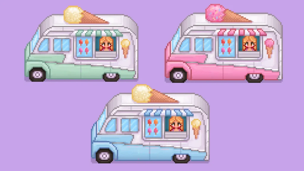 3 Ice Cream Trucks with purple background